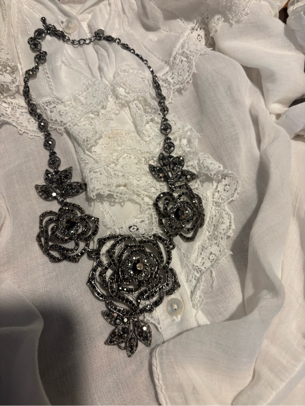 Gunmetal Floral Statement Necklace - Women's Jewelry